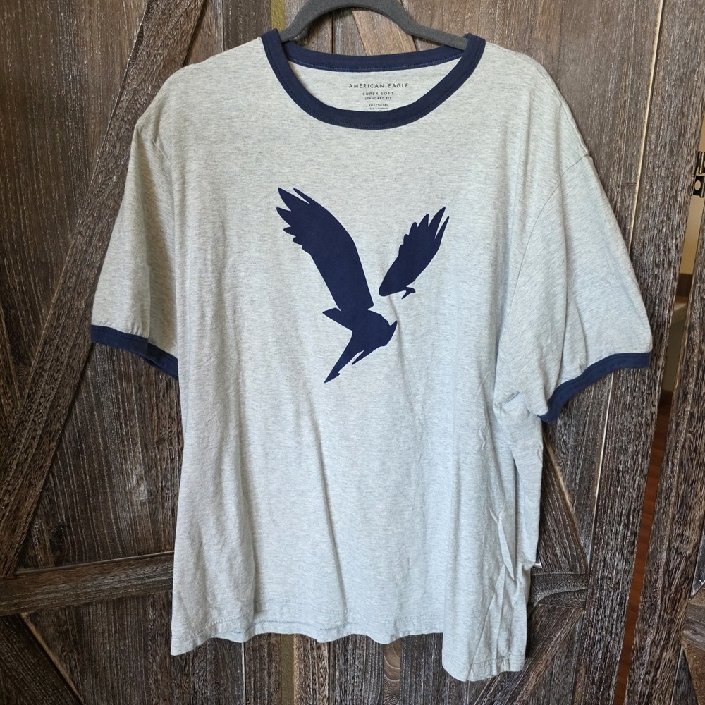 American Eagle Shirt Adult XXL Light Gray Navy Trim Logo Super Soft Standard Fit